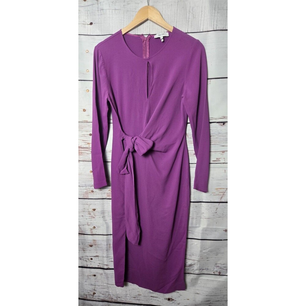 REISS Womens Valentina Dress Size 8 Purple Tie Waist Midi Long Sleeve Wrap Look